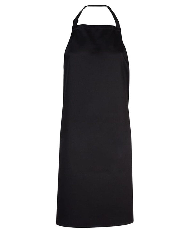A black apron featuring a halter neck design and a simple style. It includes a logo on the front.