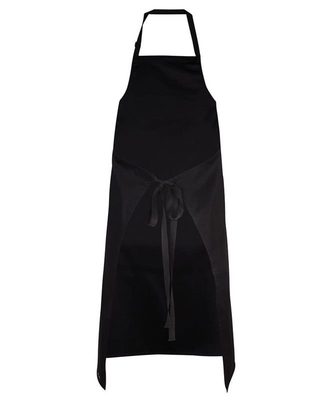 A black apron with a tie waist and neck strap, featuring a logo. Ideal for workwear.