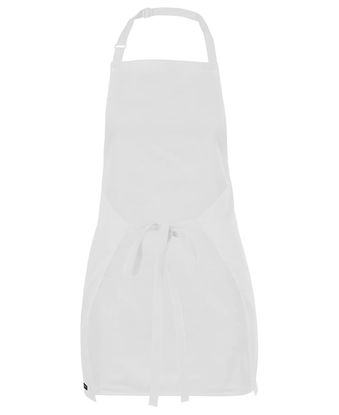 A white apron with adjustable straps and side ties, featuring a logo at the bottom.