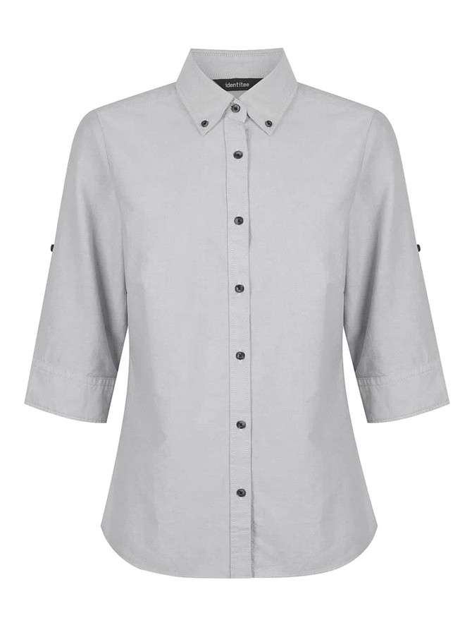 A light grey ladies' button-up shirt with 3/4 sleeves and a small logo on the chest.