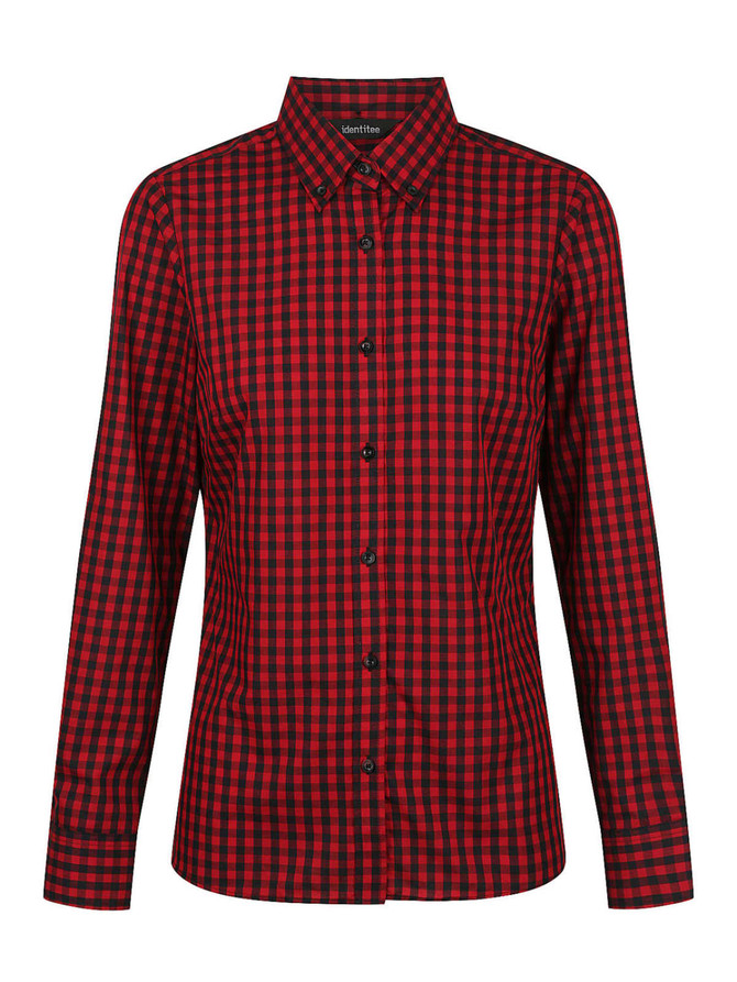 A long sleeve button-up shirt in red and black checkered pattern with a collar and branding.