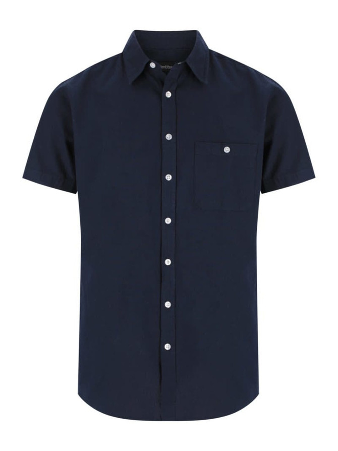 A navy men's short sleeve button-up shirt featuring a single chest pocket and a logo.