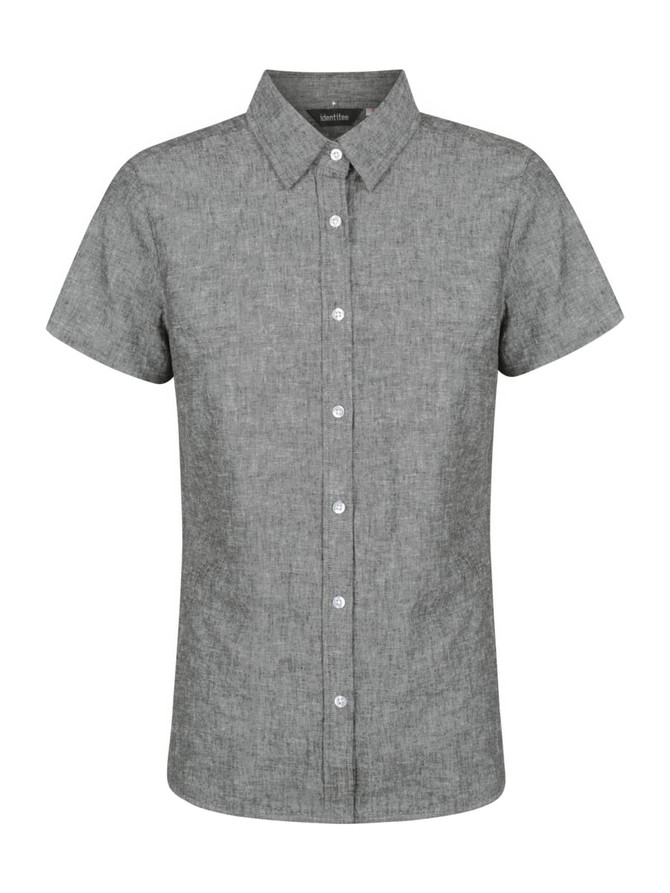 A grey short sleeve shirt with a button-up front and a collar. It features a logo on the label.
