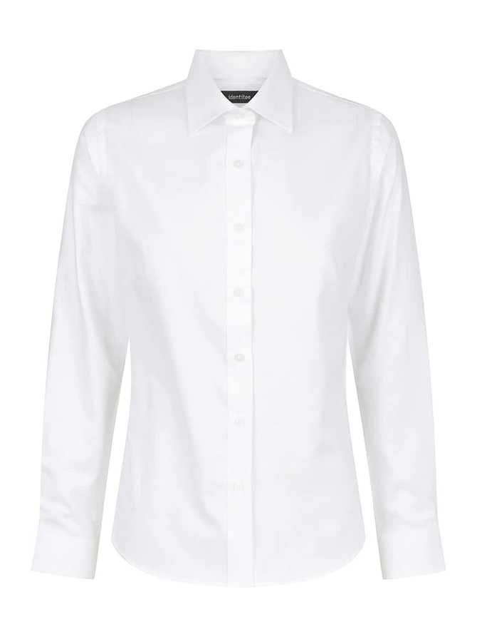 A white long sleeve button-up shirt for women featuring a classic collar and a logo on the label.