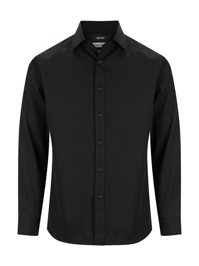 A black long sleeve button-up shirt featuring a standard collar and a logo on the label.