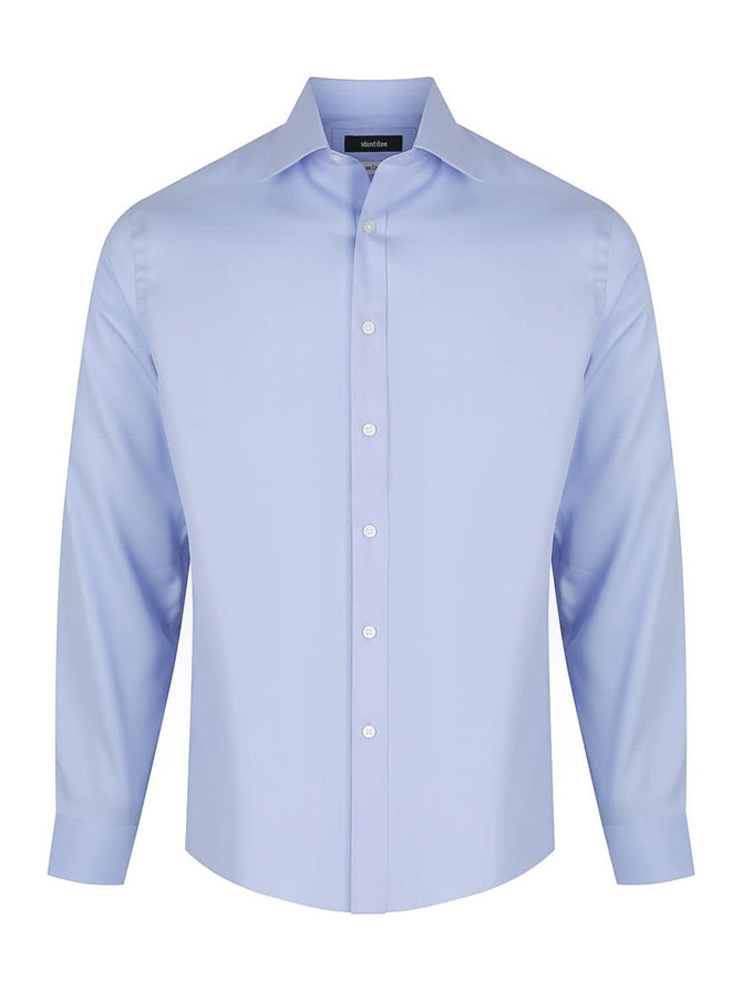 A light blue men's long sleeve button-up shirt with a collar and a logo on the label.