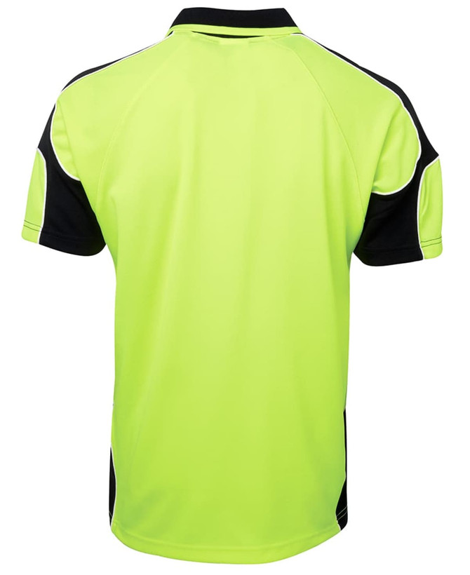 A short-sleeved polo shirt in high-visibility lime green with black accents and a logo.