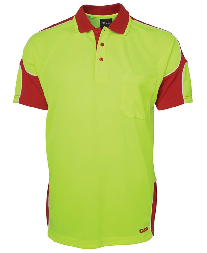 A bright yellow and red polo shirt with a pocket and a logo. Features a sporty design and short sleeves.