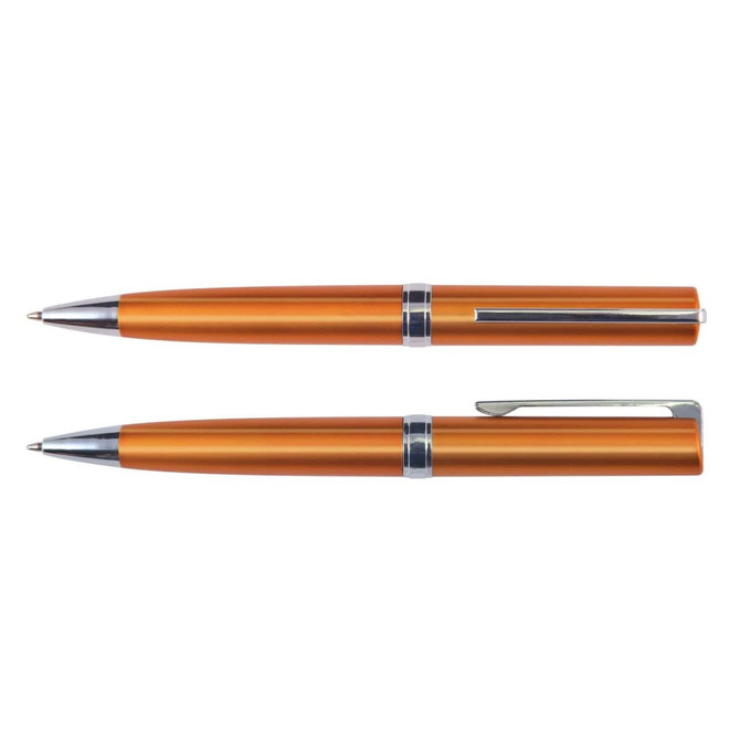 A pair of Gemini Metallic Pens in an orange metallic finish, featuring sleek designs and silver accents.