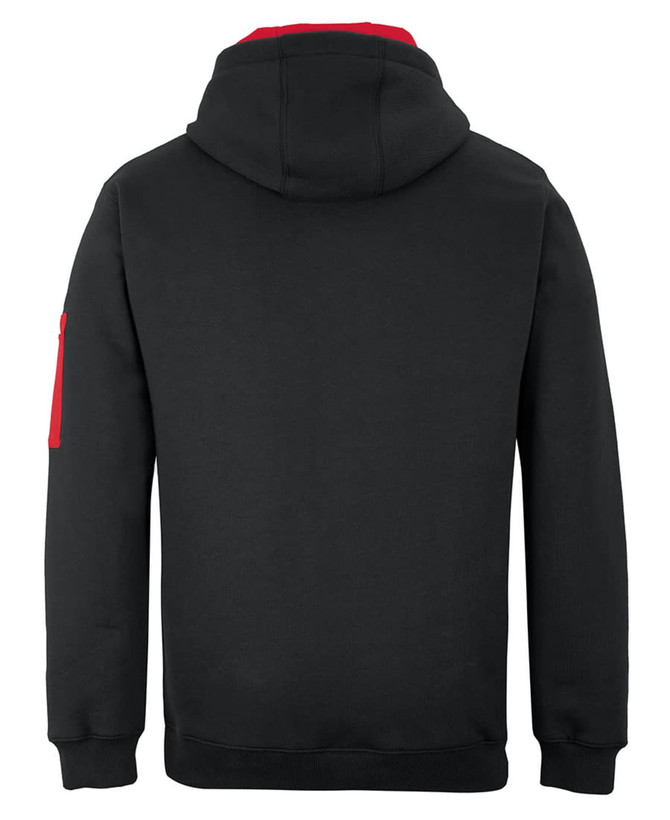 A black hoodie with a red hood and a side pocket, featuring a logo on the sleeve.