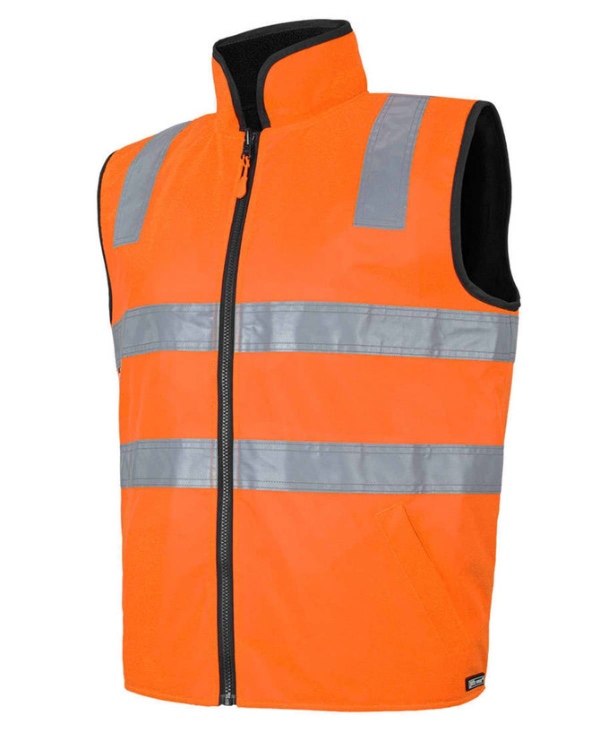 An orange reflective safety vest with grey stripes and a zip front design, featuring a collar and no sleeves.
