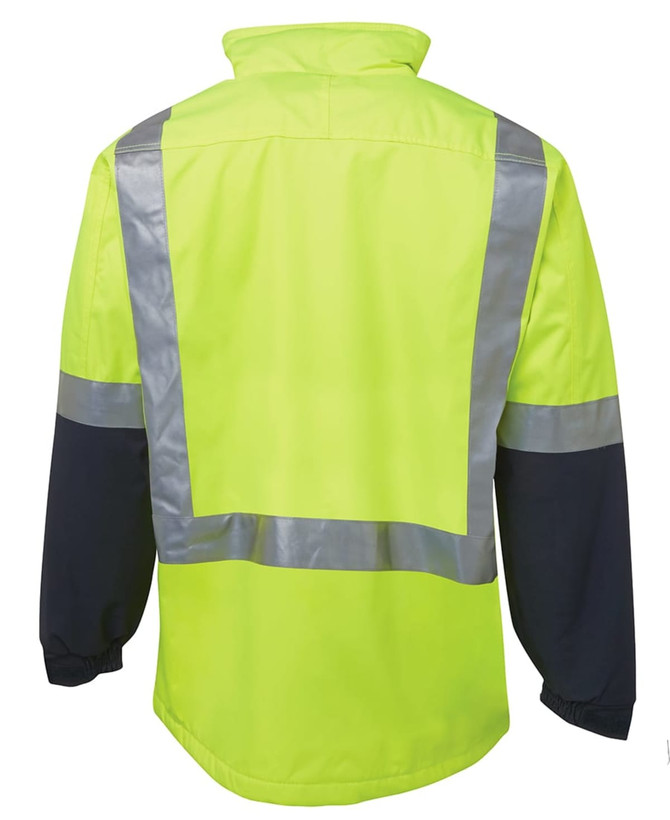 A lime and navy work jacket with reflective strips on the back. The sleeves are navy, and it features a collar.