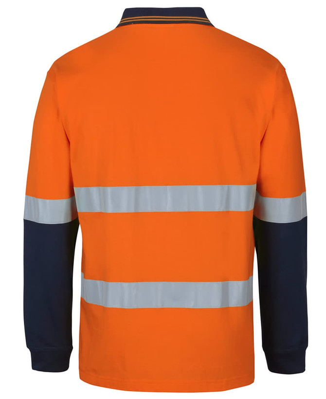 An orange long-sleeve polo shirt featuring navy blue sleeves and reflective stripes. It has a logo on the front.