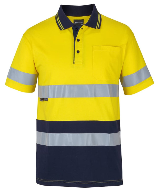 A short-sleeved cotton polo shirt in high-visibility yellow with navy stripes and reflective bands. It features a chest pocket and a logo.