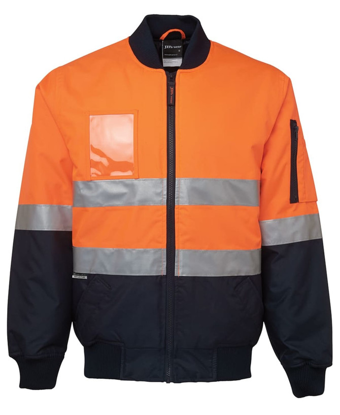 An orange and navy work jacket featuring reflective stripes and a zipper, with a pocket on the front.