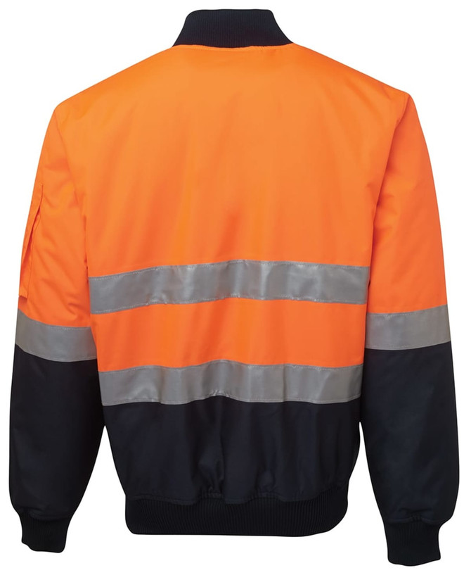 An orange and navy flying jacket with reflective stripes and a ribbed collar. Features a logo on the sleeve.