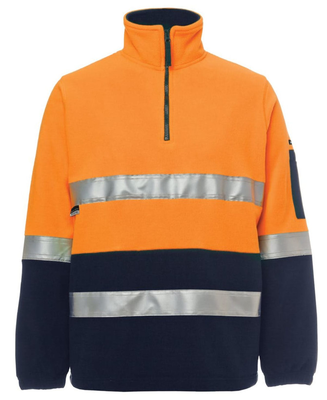 An orange and navy polar fleece pullover with reflective stripes and a zip neck, featuring a side pocket and a logo.