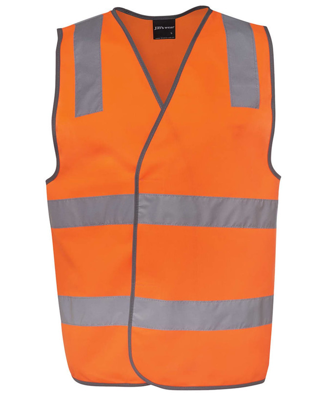 An orange safety vest with reflective silver stripes and a logo. Designed for visibility and safety.