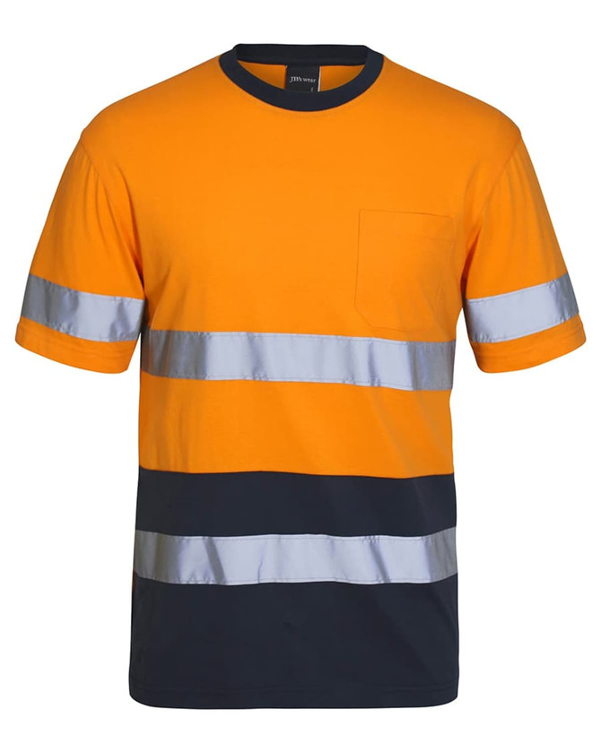 An orange and navy work t-shirt featuring reflective stripes and a pocket. It has a logo on the label.