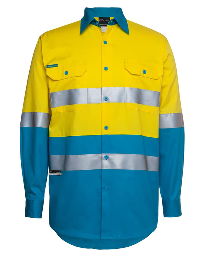 Long-sleeved work shirt in bright yellow and blue with reflective stripes and two chest pockets, featuring a logo.