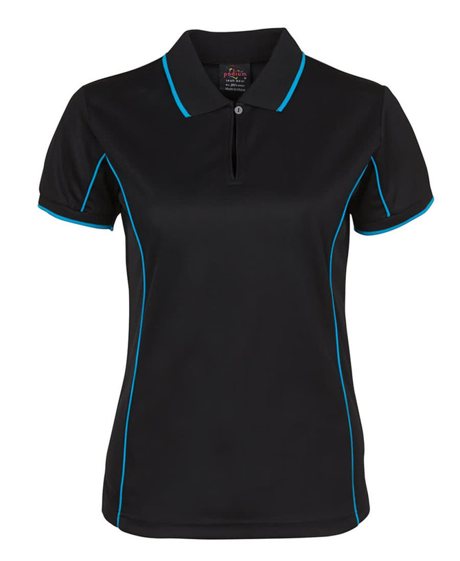A black polo shirt with blue piping details and a collar. It features short sleeves and a logo on the label.