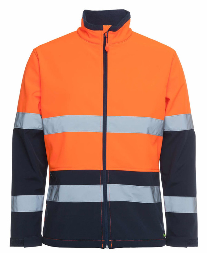 A three-layer softshell jacket in high-visibility orange and navy, featuring reflective stripes and a zip front.