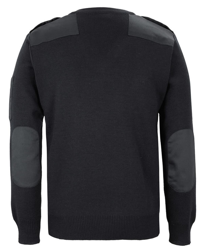 A knitted black jumper featuring shoulder and elbow patches, with a plain back design and a logo.