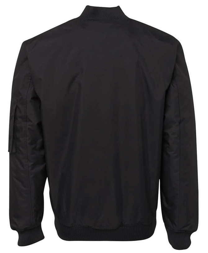A black bomber jacket featuring a ribbed collar and sleeve details, with a logo on the sleeve.