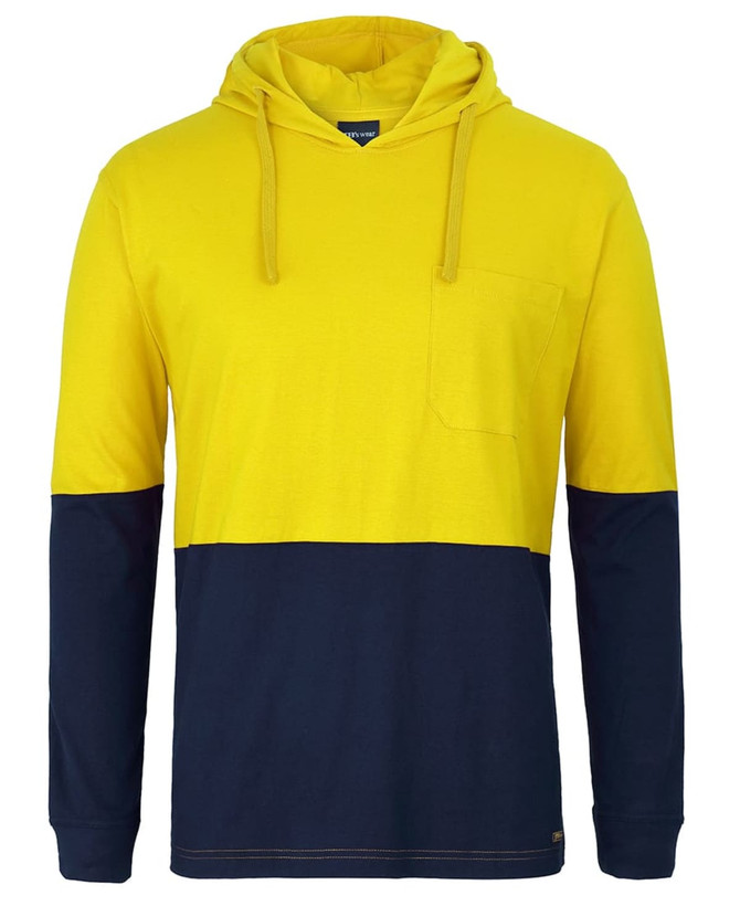 A yellow and navy blue long-sleeved cotton tee with a hood and a front pocket, featuring a logo.