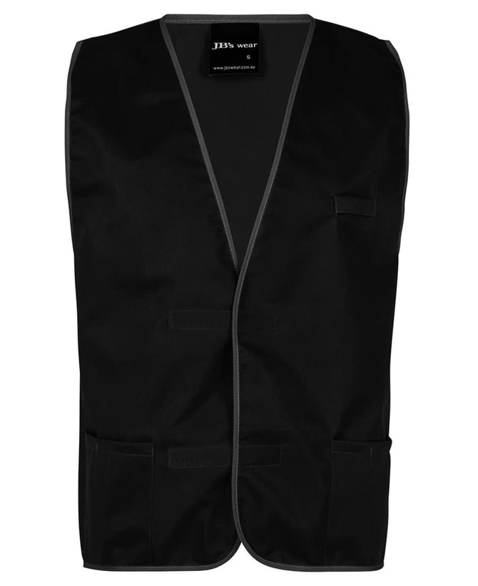 A black tricot vest with a simple design, featuring pockets and contrasting trim, branded with a logo.