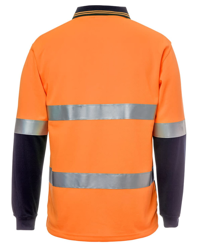 A bright orange long-sleeve polo shirt with navy sleeves and silver reflective strips. It features a logo on the front.