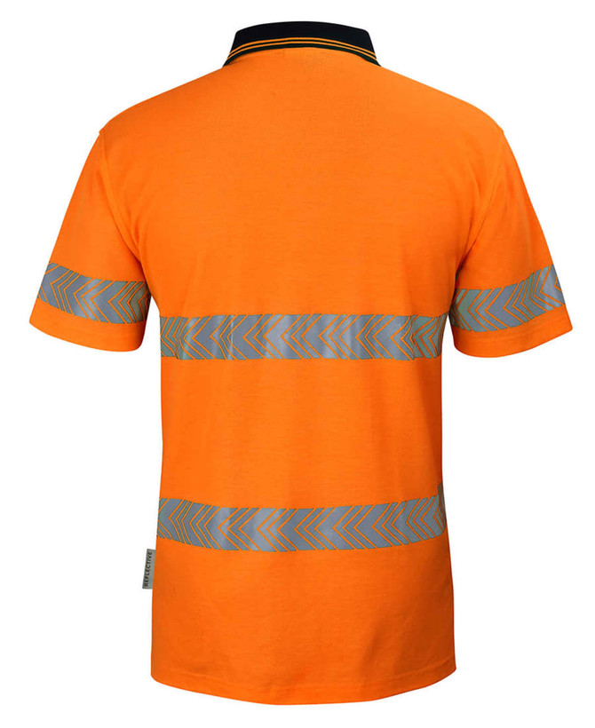 A high visibility polo shirt in orange with reflective chevron stripes on the back and a collar.
