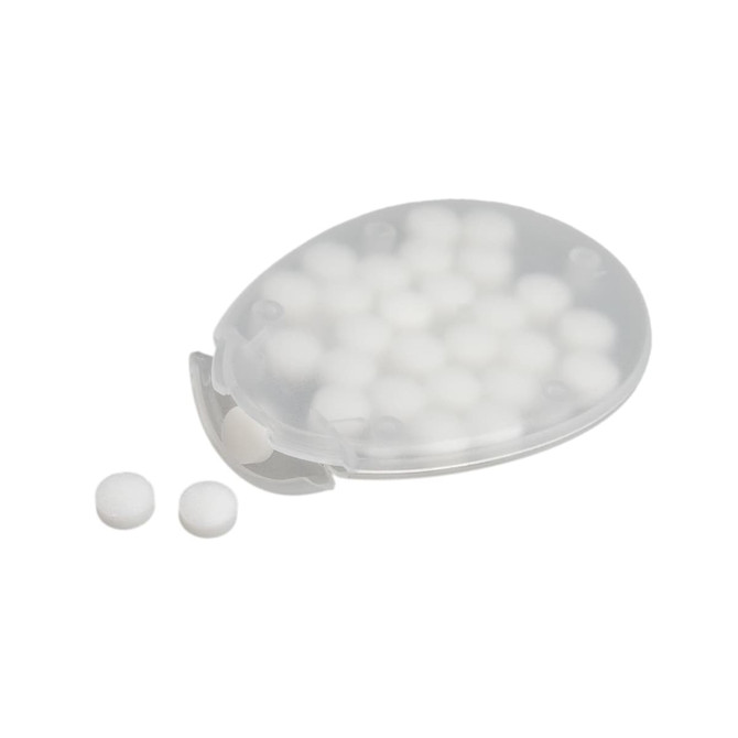 An egg-shaped container holding white, sugar-free breath mints, with some mints visible outside the container.