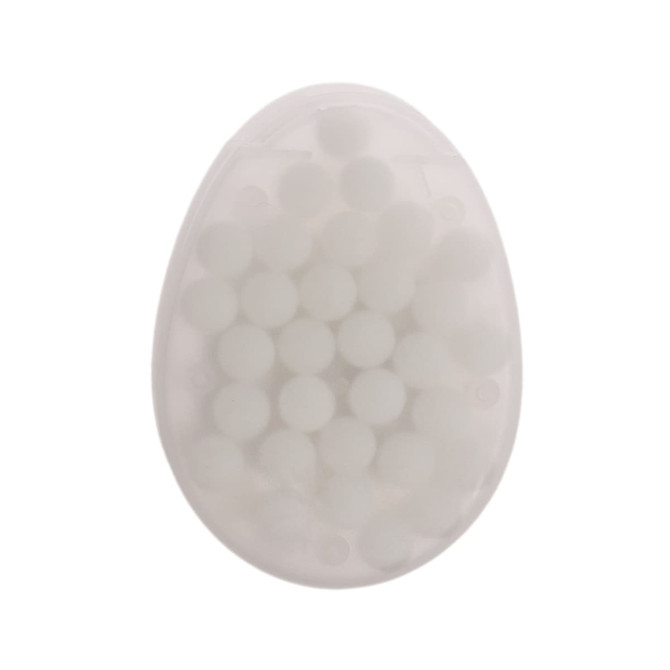An egg-shaped container filled with sugar-free breath mints.