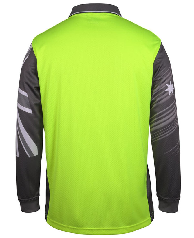 A long-sleeved polo shirt in bright green with dark grey accents and a logo.