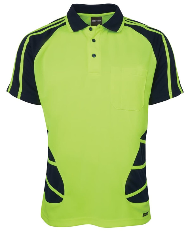 A short-sleeved polo shirt in hi-vis yellow and navy, featuring a pocket and contrasting side stripes.