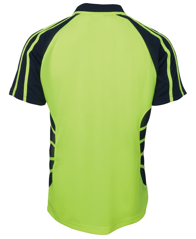 A bright lime green polo shirt with navy blue accents, featuring a logo on the back.