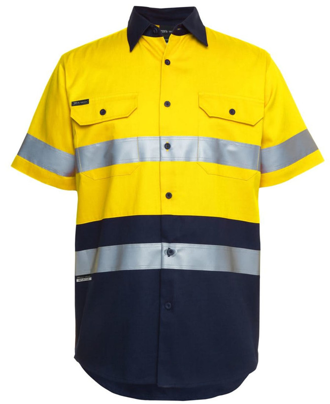 A high-visibility short-sleeve work shirt in yellow and navy blue, featuring reflective stripes and a logo.