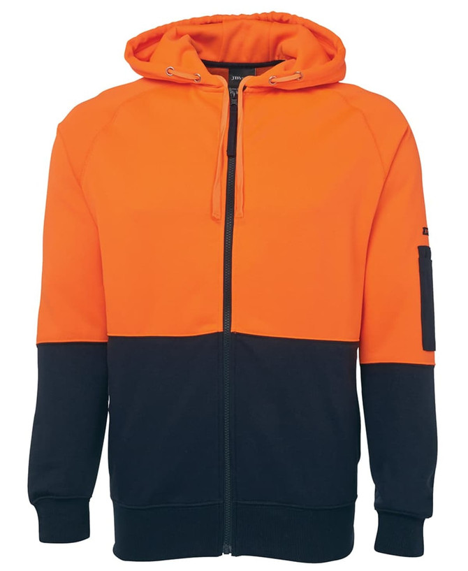 A full zip hoodie in hi-visibility orange and navy, featuring a logo and a side pocket.