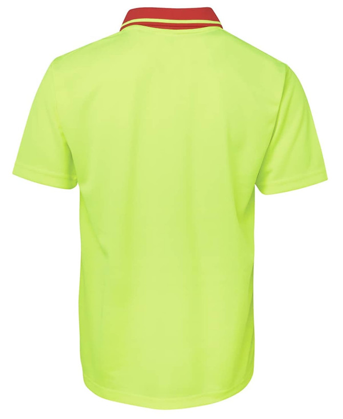 A bright yellow work polo shirt with a red collar, featuring a logo on the back.