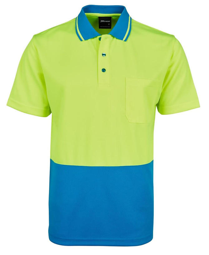 A bright yellow and blue work polo shirt featuring a pocket and contrasting collar. The shirt has a logo on it.