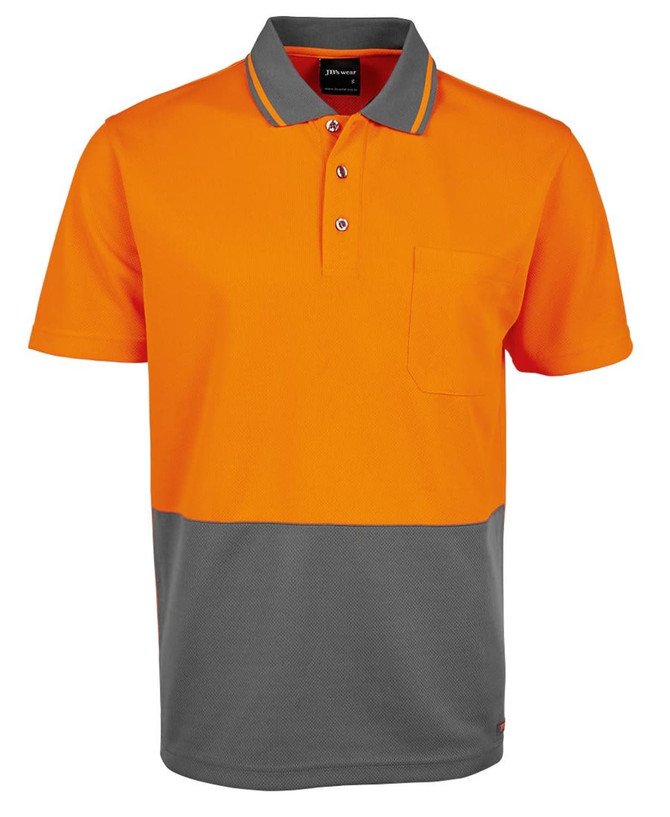 An orange and grey work polo shirt with a collar, short sleeves, and a front pocket. It features a logo.