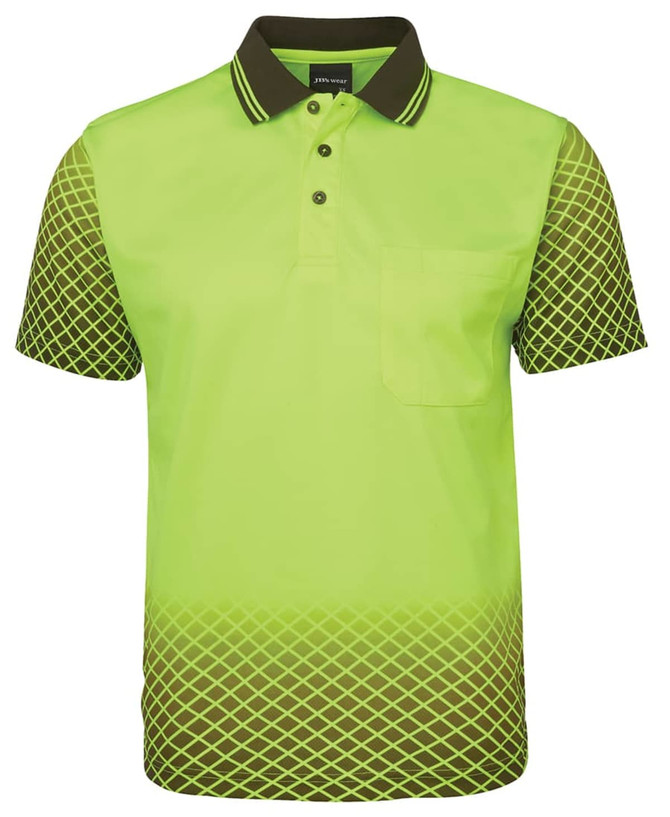 A bright green polo shirt featuring a diamond pattern, with short sleeves and a collar. Includes a pocket and a logo.