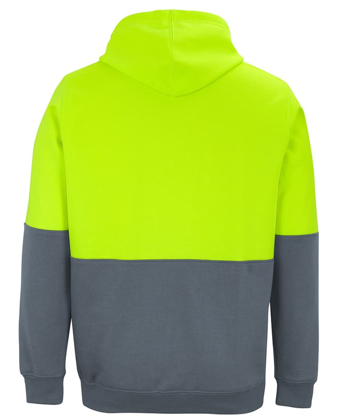A high-visibility pullover hoodie in fluorescent yellow and grey, featuring a hood and a plain design with a logo.