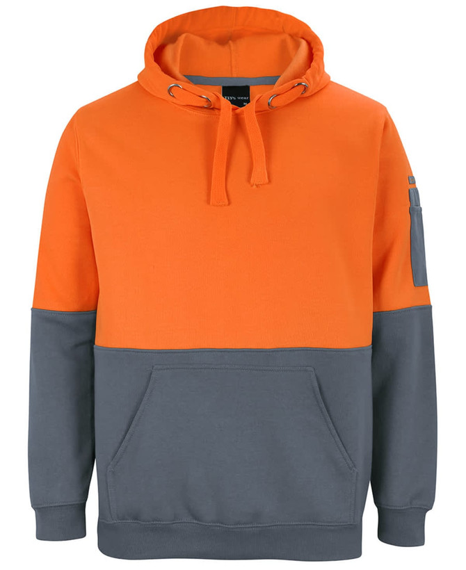 An orange and grey hoodie featuring a front pocket and a logo. Designed as workwear for comfort and durability.
