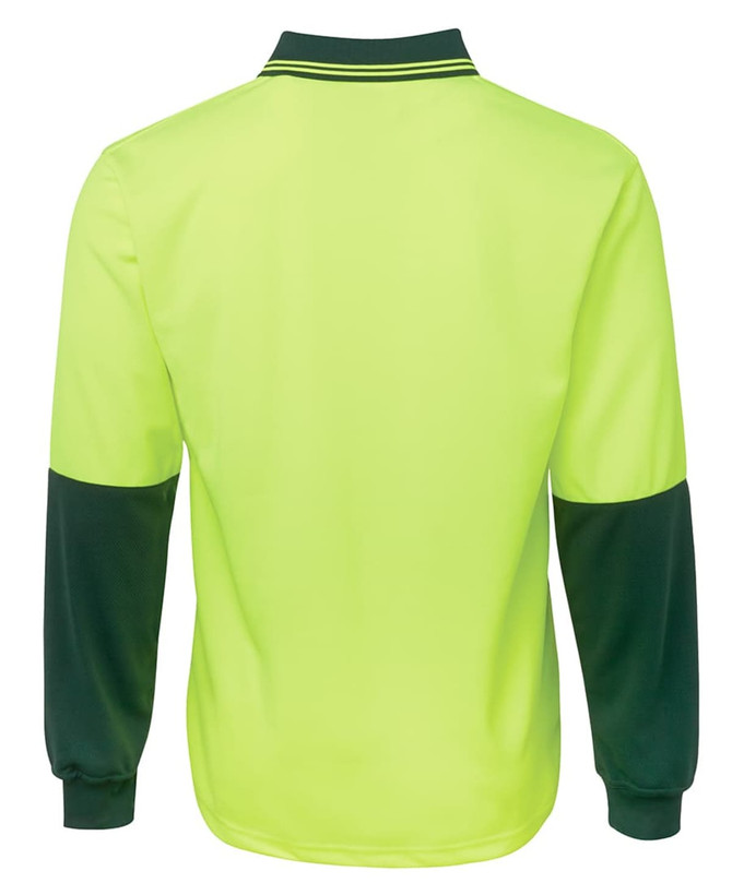A long-sleeved polo shirt in fluorescent yellow and dark green, featuring a logo on the back.