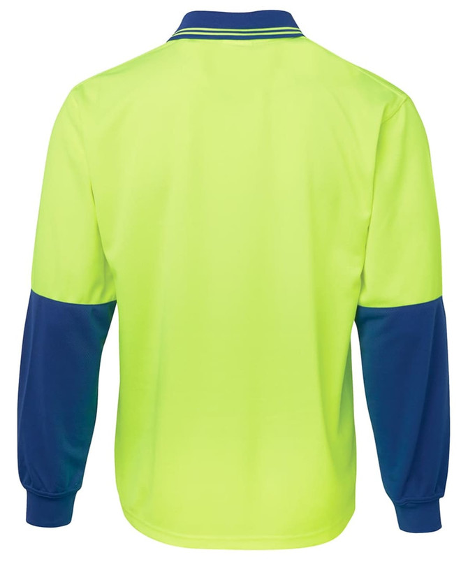 A long-sleeve polo shirt in hi-vis yellow with navy blue sleeves, featuring a collar and branding.
