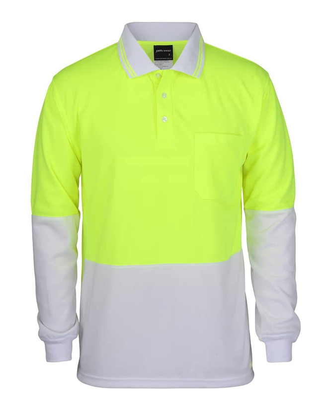A long-sleeved polo shirt in fluorescent yellow and white, featuring a chest pocket and a logo.