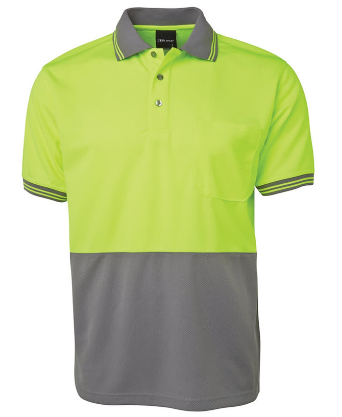 A short-sleeved polo shirt in high visibility lime green with grey accents and a left chest pocket. It features a logo.