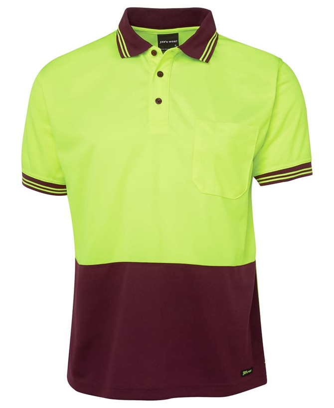 A high-visibility polo shirt in bright yellow and maroon, featuring a collar, pocket, and a logo.